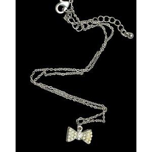 Vintage Dainty Bow Pendant Necklace With Faux Pearls & Rhinestones On Adjustable